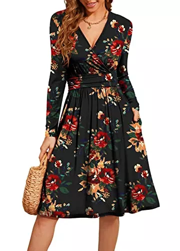 Actcat Freizeit Actcat V-Ausschnitt Pullover Kleid Langarm Casual Kleider Herbst Kleid Floral Party Kleid mit Taschen