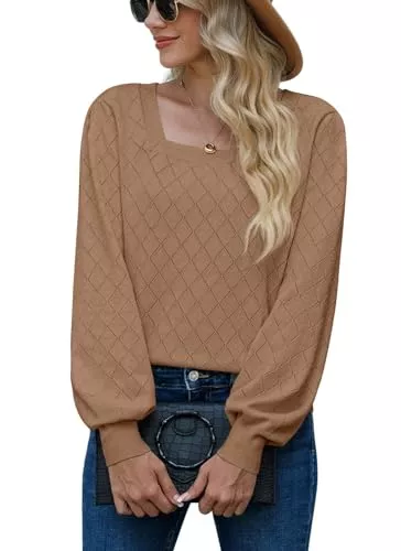 PrinStory Pullover & Strickmode PrinStory Damen Pullover Pullover Quadrat Hals Laterne Ärmel Tunika Top für Herbst Winter