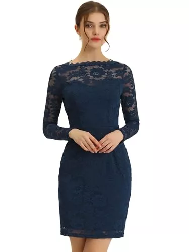 Allegra K Party Allegra K Damen Elegant Kleid Langarm Kleider Bleistiftkleid Spitze Blumenspitze Figurbetont Minikleid
