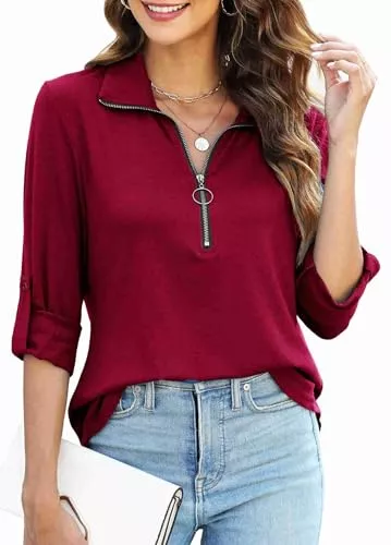 Teesho Langarmblusen Teesho Damen Bluse Langarm|3/4 Ärmel Elegant Hemdbluse Reißverschluss Tunika Tops Oversize Shirt V-Ausschnitt Oberteil Longshirt