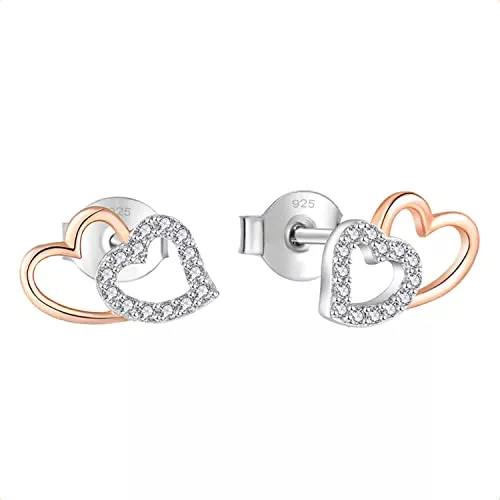 PIVELLO Schmuck PIVELLO® Halskette Ohrringe & Armband Herzform Sterling Silber 925 | Schmuck Set Damen Rose Gold | Herzkette Kette & Ohrstecker Rosegold | Herz Doppelherz Hochzeit | Stecker 100% Nickelfrei