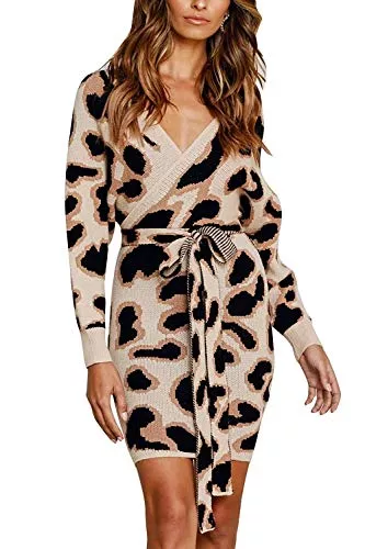 AVASAGS Freizeit AVASAGS Strickkleid Damen Elegant V-Ausschnitt Cocktailkleider Pulloverkleid Tunika Kleid Langarm Minikleid Partykleid Mit Gürtel