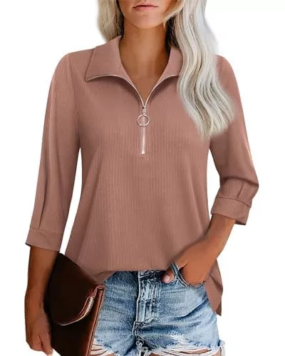 Cuptacc Langarmblusen Cuptacc Bluse Damen V-Ausschnitt Business 3/4 Kurz Ärmel Tunika Mode Half Zip Design Langarm Hemd Tops Henley Shirt Frühling