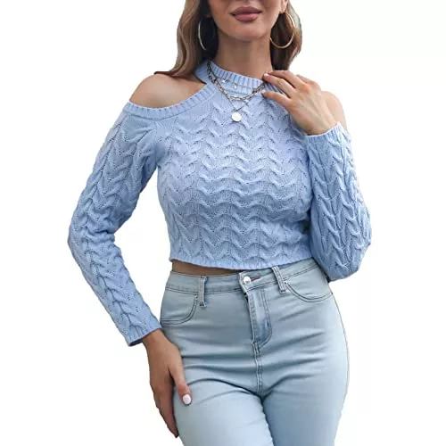 Greensen Pullover & Strickmode Damen Pullover Schulterfreier Langarm Crop Top Loose Langarmshirt Oberteile Einfarbiges Sweatshirt Freizeit Casual Streetwear Strickpullover