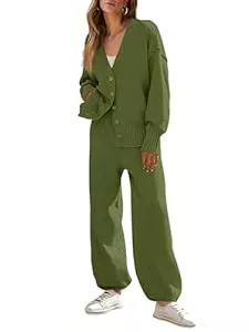 MEROKEETY Pullover & Strickmode MEROKEETY Damen 2-teilige Outfits Pullover Sets Waffelstrick Cardigan und hohe Taille Hosen Lounge Set