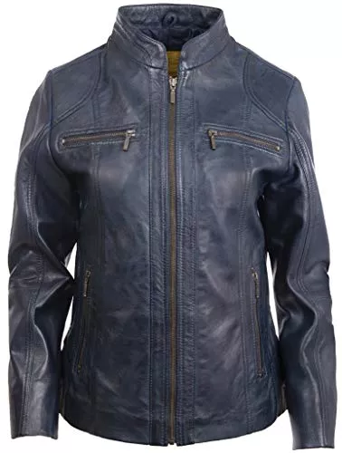 Aviatrix Jacken Aviatrix Damen Echtleder Elegante Bikerjacke mit Bandkragen (OBFQ)