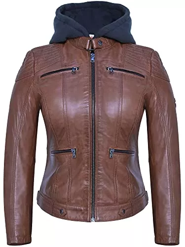 Blueorn Jacken Blueorn INGA Damen Lederjacke mit abnehmbarer Kapuze - Echtleder Bikerjacke Damen aus feinstem Lammnappa Leder im Biker - Braun - Grün