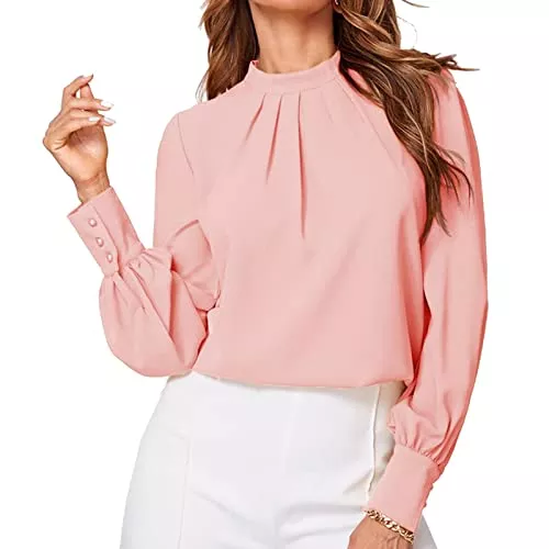 Cocoarm Langarmblusen Damen Chiffon Bluse Casual Oberteile Klein Stehkragen Langarm Shirt Tops Elegant Hemd Plissee Tunika Freizeitbluse Hemdbluse