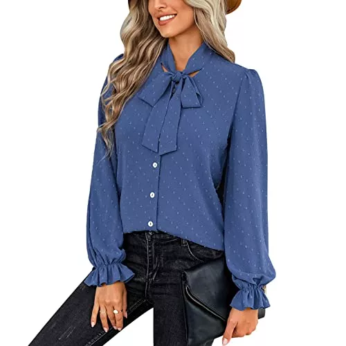Greensen Langarmblusen Greensen Damen Tops Puff Langarm Bluse Elastische Unregelmäßige Manschetten Fliege Hemden Elegante Lässige Tops Lose Lässige Swiss Dot Bluse