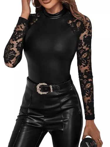 GORGLITTER Langarmshirts GORGLITTER Damen PU Leder Oberteil Stehkragen Langarm T-Shirts Spitzen-Raglanärmel Herbstshirt mit Spitzen