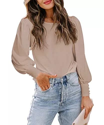 GRMLRPT Langarmblusen GRMLRPT Damen Bluse Langarm Herbst Rundhals Pullover Einfarbig Elegant Langarmshirts Casual Oberteile Tops Puffärmel Tunika