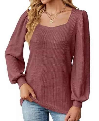 BAISHENGGT Langarmblusen BAISHENGGT Anna Im Bug Pullover Damen Elegant Karree Ausschnitt Langarmshirt Einfarbig Texturierter Falten Tops Streetwear T Shirts Bluse Oberteile