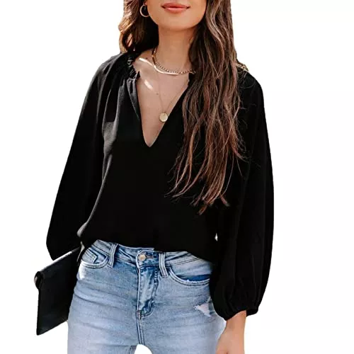 Greensen Langarmblusen Damen Bluse V-Ausschnitt Elegant Oberteile Einfarbig Tops Lässige Lockere Langarmshirts Tunika Langarm Casual Hemd Lose T-Shirt