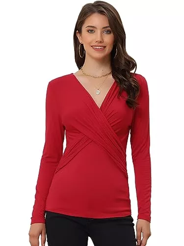 Allegra K Langarmshirts Allegra K Damen Langarm Top V-Ausschnitt Lässig Überkreuzt Vorderseit T-Shirts Bluse