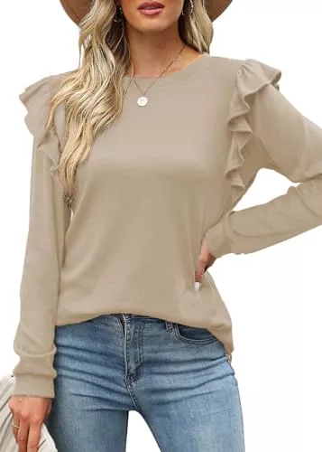 Tanmolo Langarmshirts Tanmolo Langarmshirt Oberteile Damen Rüschen lässig Top mit Rundhals Tunika Langarm Bluse Shirts