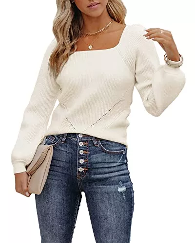 Fessceruna Pullover & Strickmode Fessceruna Damen Strickpullover Laternenärmel Langarm Pullover Quadratischer Ausschnitt Winter Feinstrick Sweatershirt