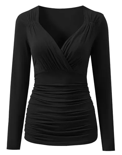 YUTILA Langarmblusen YUTILA Damen Langarm Bluse Elegant Plissee Slim Fit V-Ausschnitt Wickelbluse Oberteil