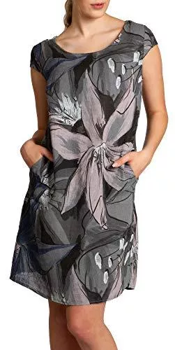 Caspar Freizeit Caspar SKL035 knielanges Elegantes Damen Sommer Leinenkleid mit abstraktem Blüten Print