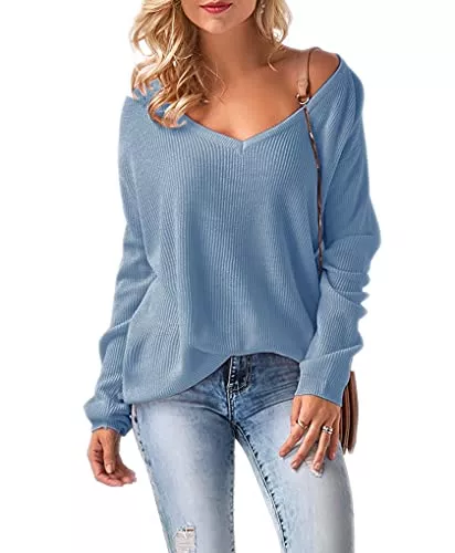 Mikos Pullover & Strickmode Mikos* Damen Frauen Off Shoulder Langarm Frühling Sommer Pullover Strickpullover Langarmshirt Longsleeve Baggy V-Ausschnitt Loose Pulli Locker übergroß Hebst Winter(694) SML