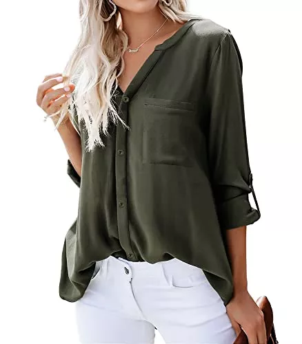 Dordanity Langarmblusen Dordanity Damen Bluse Elegant V-Ausschnitt Hemd Langarm Casual Arbeit Einfarbig Button Down Lose Langarmshirt Oberteile Tops