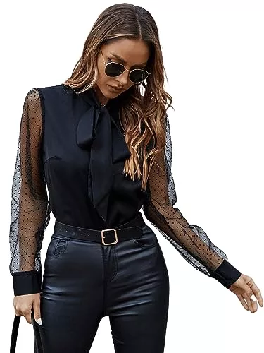 GORGLITTER Langarmblusen GORGLITTER Damen Blusen Elegant Tunika mit Mesh Ärmel Chiffonbluse Hemdshirt Langarm Oberteil Bluse mit Schleife