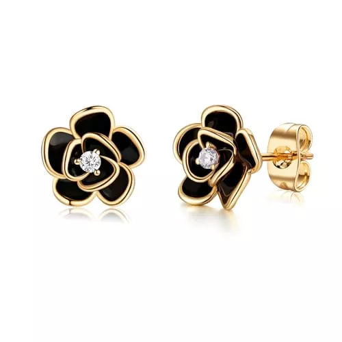 MYBELLNA Schmuck MYBELLNA 14K Gold zierliche Blume Ohrringe Schwarze Rose Gold Blume Perle Ohrstecker für Frauen Sterling Silber Post Hypoallergene Ohrringe für Frauen Mama Sie