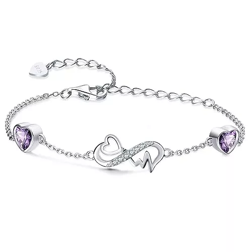 Qings Schmuck Qings Infinity Armband Damen 925 Sterling Silber Unendlichkeit Herz Geburtsstein Armbänder Verstellbar EKG Herzschlag Armreif Edelstein Armkette Schmuck Weihnachten Geburtstags Geschenk für Mädchen