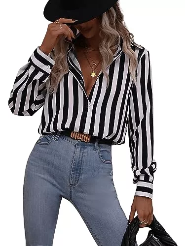 GORGLITTER Langarmblusen GORGLITTER Damen Gestreift Blusen Button-down Shirt OL Business Blusen Hemdbluse Langarm Blusenshirt