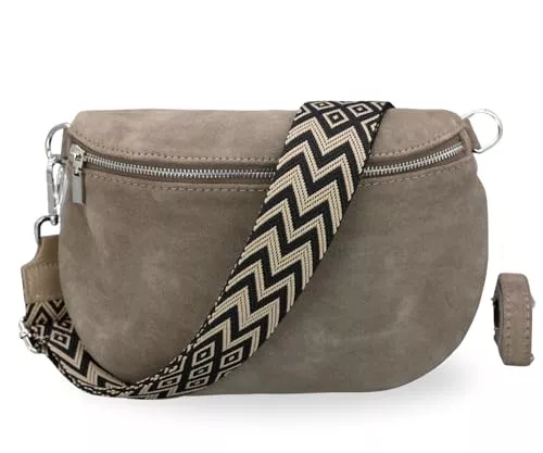 Brise Art Taschen & Rucksäcke BRISE Damen Bauchtasche AFIA Handgemachte Umhängetasche Crossbody Bag Gürteltasche aus Wildleder mit Ledergürtel + Breiten Gemusterten Riemen 3 Fächer Stylische Made in Italy Hüfttasche