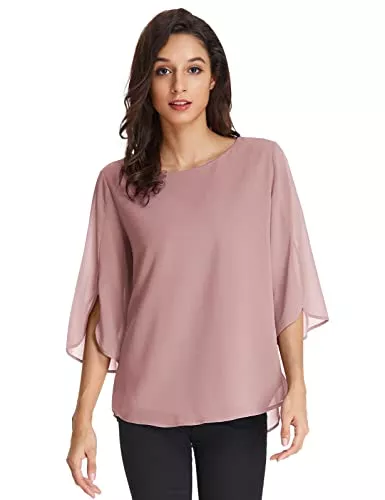GRACE KARIN Langarmblusen GRACE KARIN Damen Elegant Bluse 3/4 Ärmel Chiffon Oberteile Rundhals Shirt Casual Tops CLAF15