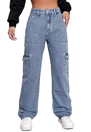 Alaster Queen Jeans Alaster Queen Damen Jeans Hohe Taille Trendy Cargo Jeans Stretch Wide Leg Denim Hose