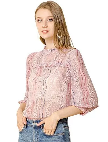 Allegra K Kurzarmblusen Allegra K Damen Langarm Rundhals Ruffles Durchsichtig Spitze Top Bluse