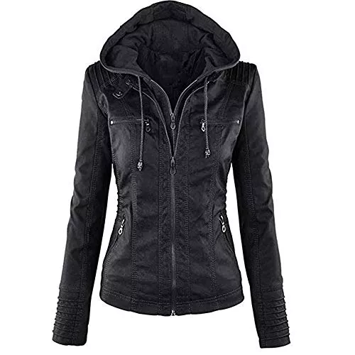 Newbestyle Jacken Newbestyle Kapuzen Kunstleder Damen Jacke mit Reißverschluss Motorradjacke Bikerjacke Kapuzenjacke Übergangsjacke Ladies Oberbekleidung (Normale EU-Größe)