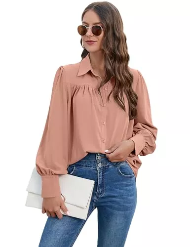 Heersan Langarmblusen Bluse Damen Chiffon Elegant Langarm Shirt V-Ausschnitt Solidebluse Hemden mit Knöpfen Casual Büro Arbeit Blusen Tunika Hemd Oberteile Tops für Frauen Lässig Blusen mit Reverskragen