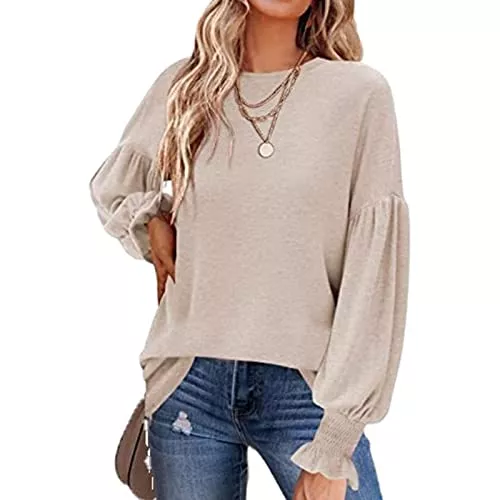GOTOTOP Langarmblusen GOTOTOP Damen Rundhals Langarmshirts Sweatshirts Laternenärmel mit Spitze Oberteile Top