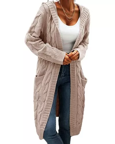 GeGekoko Strickjacken GeGekoko Strickjacke Damen mit Kapuze Langarm Grobstrick-Cardigan Open Front Sweater Herbst Winter Casual Strickcardigan Pullover mit Taschen