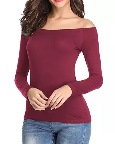 fuinloth T-Shirts Fuinloth Damen Schulterfrei Shirts, Sexy One Shoulder Tops, Lang/Kurzarm Tee Slim Fit