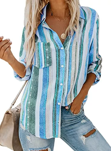 BLENCOT Langarmblusen BLENCOT Damen Bluse Langarm Hemden Streifen Oberteile Casual Langarmshirt Casual Button Down Blusen Tops