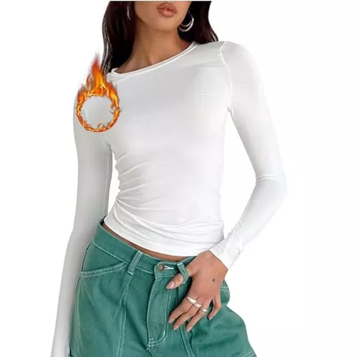 Sfit Langarmshirts Sfit Langarmshirt Slim Fit Damen Y2K Oberteile Langarm Shirts Rundhals Cropped Tee Einfarbig Basic Crop Tops Casual Athletisches Top Teenager Streetwear