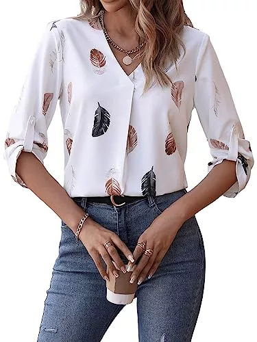 GORGLITTER Langarmblusen GORGLITTER Elegante Bluse Damen V Ausschnitt Bluse Blusenshirt 3/4 Arm Elegant Bluse Mit Knöpfen Dreiviertelarm Oberteil Mit Federn
