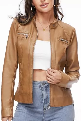 Fahsyee Jacken Fahsyee Damen Kunstlederjacke, Motorrad Übergröße Moto Biker Lederjacke Reißverschluss Mantel Kurz Leicht Vegan Mode S-XXL