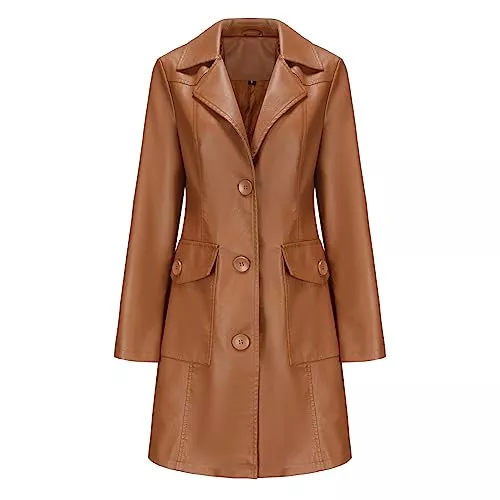 TOKYMOON Mäntel TOKYMOON Lederjacke Damen Lang Elegant Trenchcoat Damen Ledermantel Reverskragen Reißverschluss Einfarbige Kunstleder Übergangsjacke Langarm PU Leder Jacke Windjacke Lederjacke
