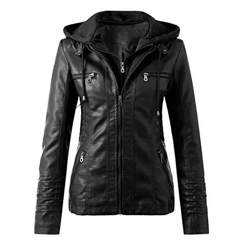 Fcostume Damen Sweatshirts Jacken Mantel Damen Fruehling, Damen Kapuzen Kunstleder Lederjacke Frauen Jacke mit Reißverschluss Motorradjacke Bikerjacke Kapuzenjacke Übergangsjacke Ladies Oberbekleidung