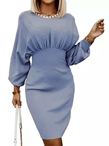 Onsoyours Freizeit Onsoyours Pulloverkleid Damen Elegant Strickkleid Rundhals Langarm Stretch Pullikleid Lang Einfarbig Strickpullover Minikleid Wickelkleid Warme für Winter