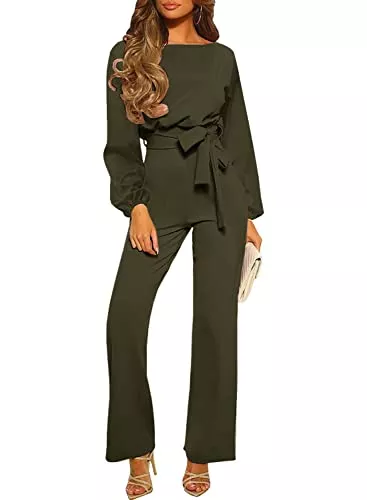 Sweezarmo Jumpsuits Sweezarmo Damen Elegant Lange Jumpsuit Lange Laterne Ärmel O-Ausschnitt Jumpsuit Overall Hosenanzug Mit Gürtel Wide Leg Pants Jumpsuit