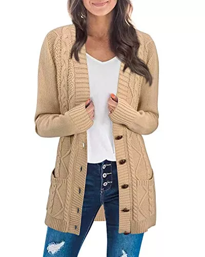 KILIG Strickjacken KILIG Strickjacke Damen Lang Grobstrick Button Down Strick Cardigan Winter Casual Sweater mit Taschen