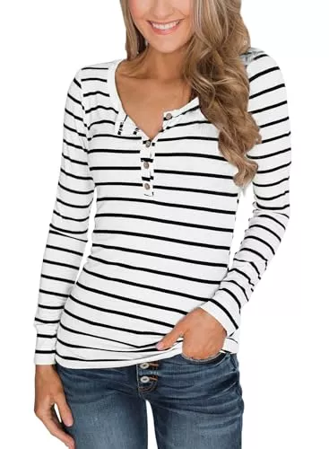 BesserBay Langarmshirts BesserBay Damen Langarmshirt mit Knöpfen Henley Shirt Lässige Tops Shirt Rundhalsausschnitt Herbst S-XXL