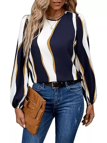 GORGLITTER Langarmblusen GORGLITTER Elegant Bluse mit Farbblock Damen Blusen Blusentop mit Laternenärmeln Langarm Blusenshirt