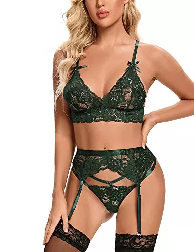Aranmei Unterwäsche & Dessous Aranmei Sexy Dessous-Set für Damen, mit Strumpfgürtel, 3-teiliger Spitzen-BH und Höschen für Frauen, frecher Babydoll-Body