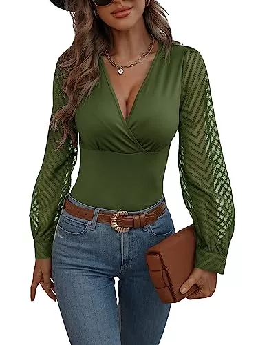 GORGLITTER Langarmblusen GORGLITTER Langarmshirt Mit V Ausschnitt Damen Mesh Oberteil Langarm Wickeltop Elegant Netzstoff Shirt